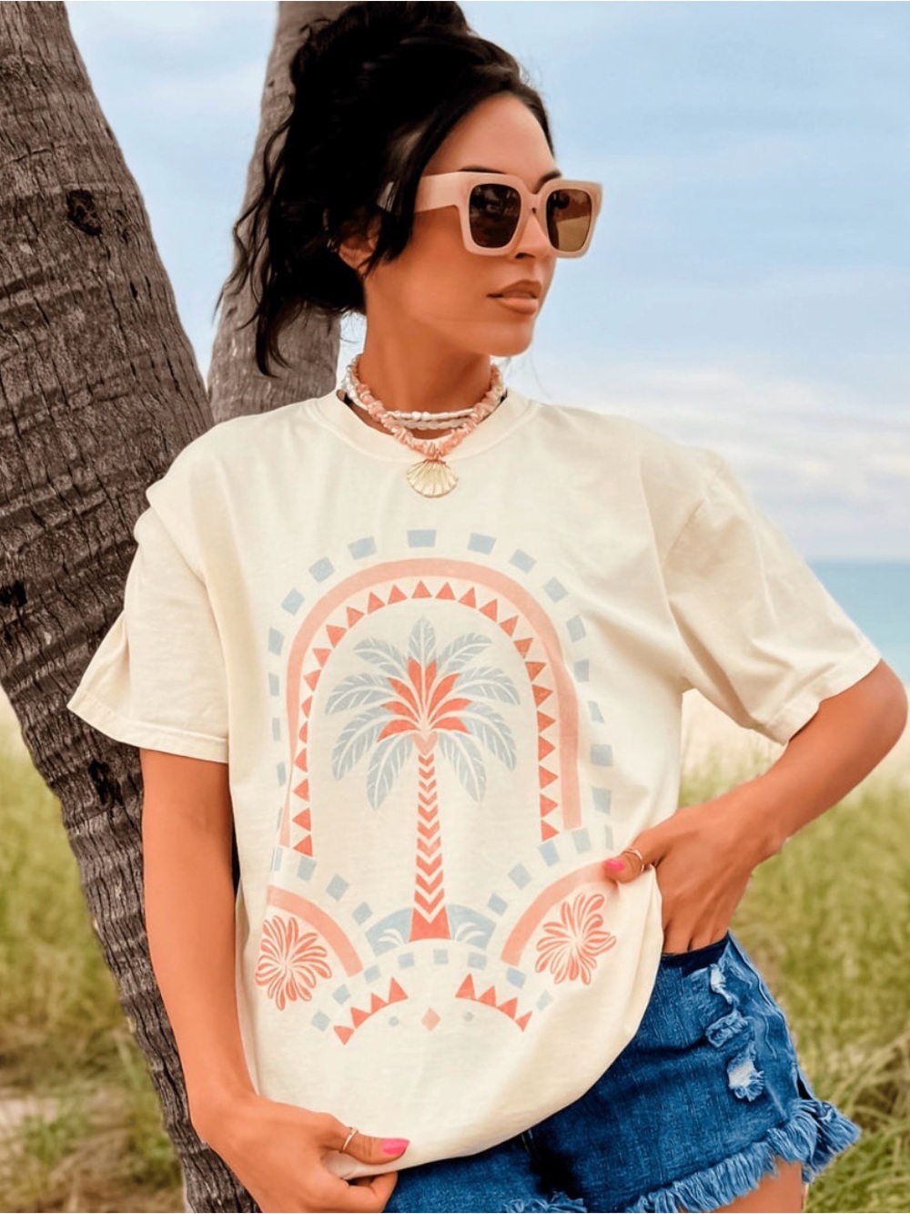 Comfort Colors Cream Palm Graphic Tee with Coral & Light Blue Accents